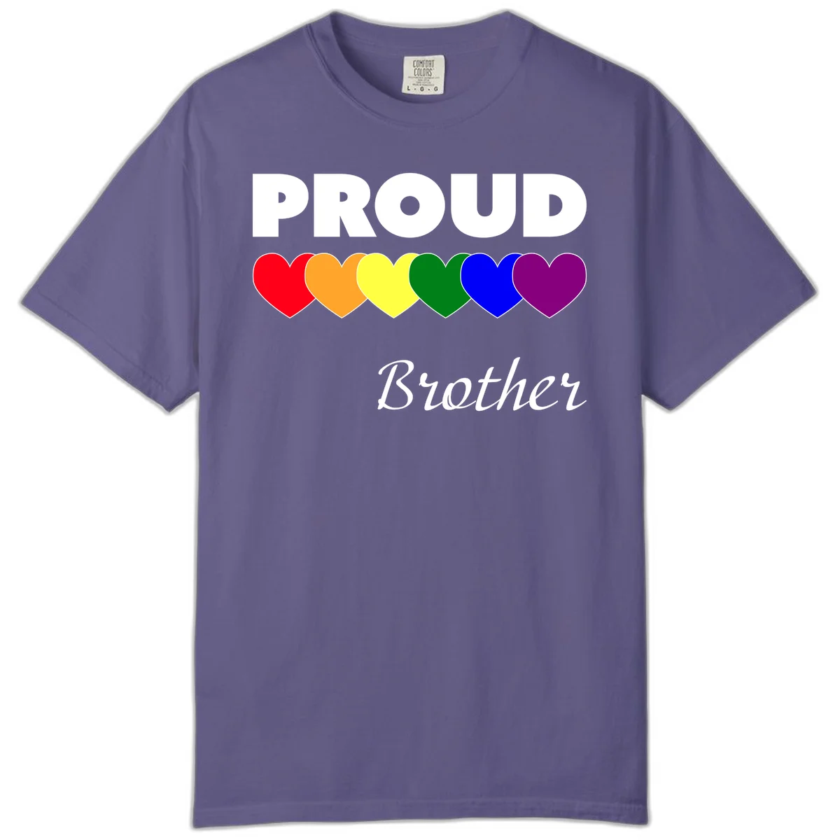 Proud Brother Pride design featuring bold white text and six rainbow-colored hearts representing LGBTQ+ pride flag colors in Grape