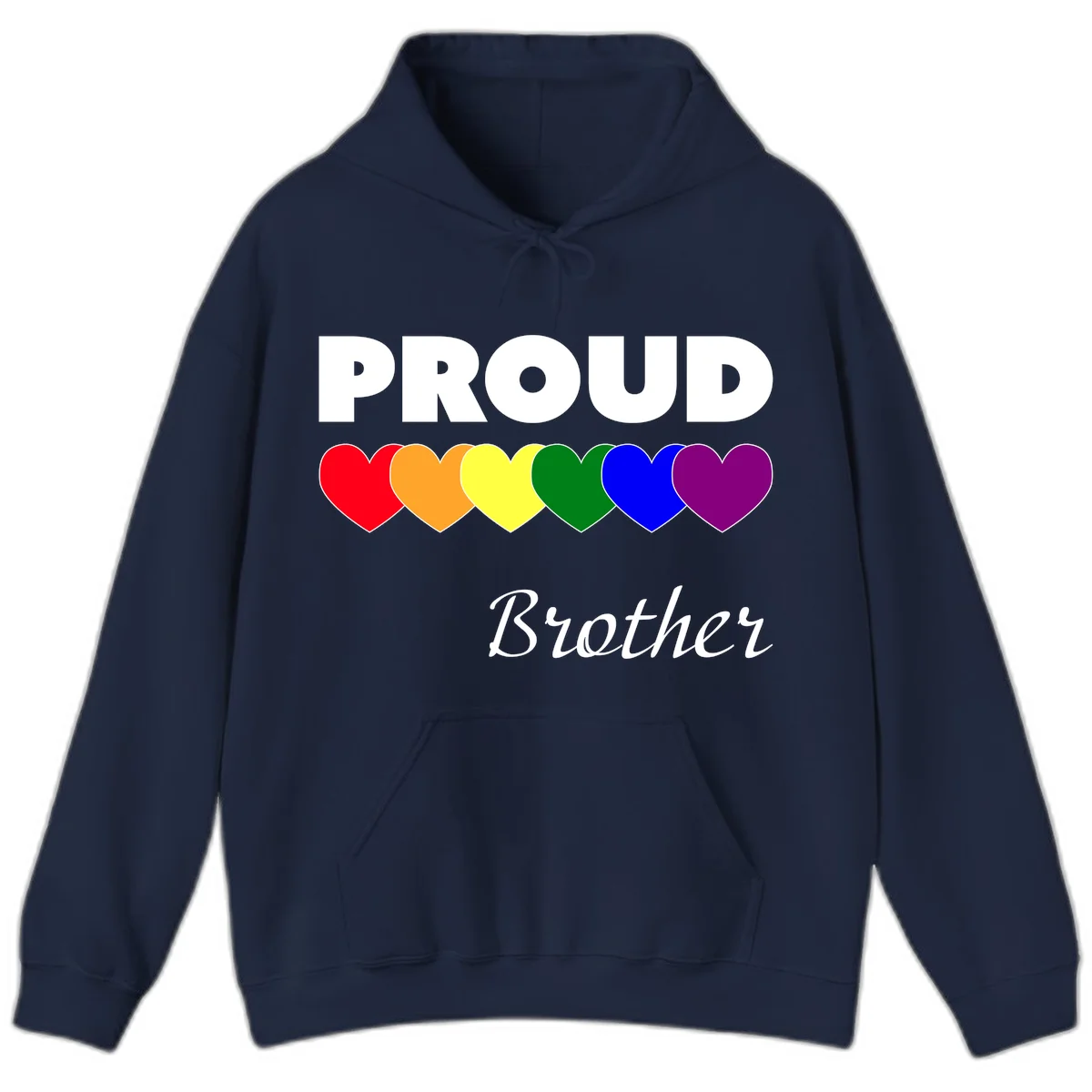 Proud Brother Pride design featuring bold white text and six rainbow-colored hearts representing LGBTQ+ pride flag colors in Navy