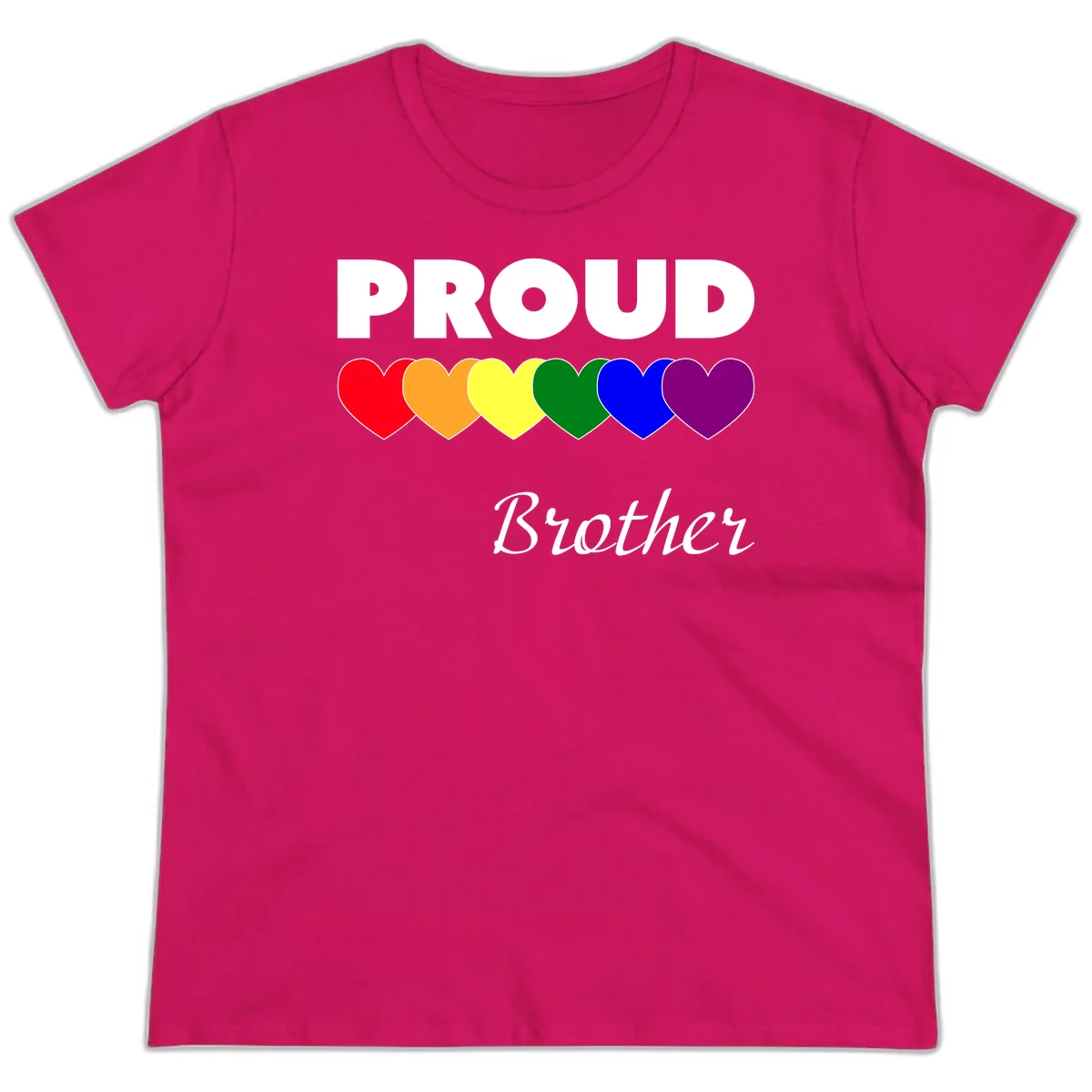 Proud Brother Pride design featuring bold white text and six rainbow-colored hearts representing LGBTQ+ pride flag colors in Heliconia