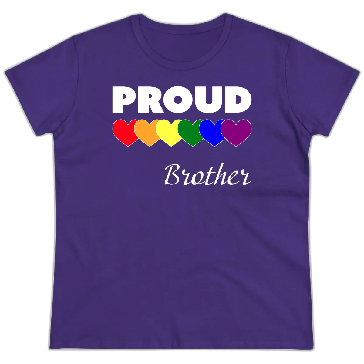 Proud Brother Pride design featuring bold white text and six rainbow-colored hearts representing LGBTQ+ pride flag colors in Purple