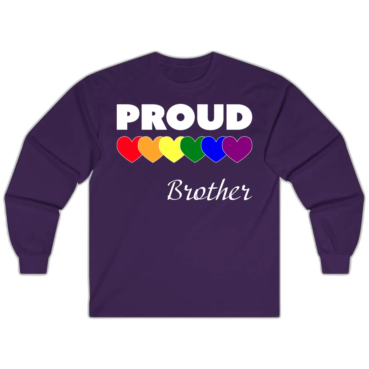 Proud Brother Pride design featuring bold white text and six rainbow-colored hearts representing LGBTQ+ pride flag colors in Purple