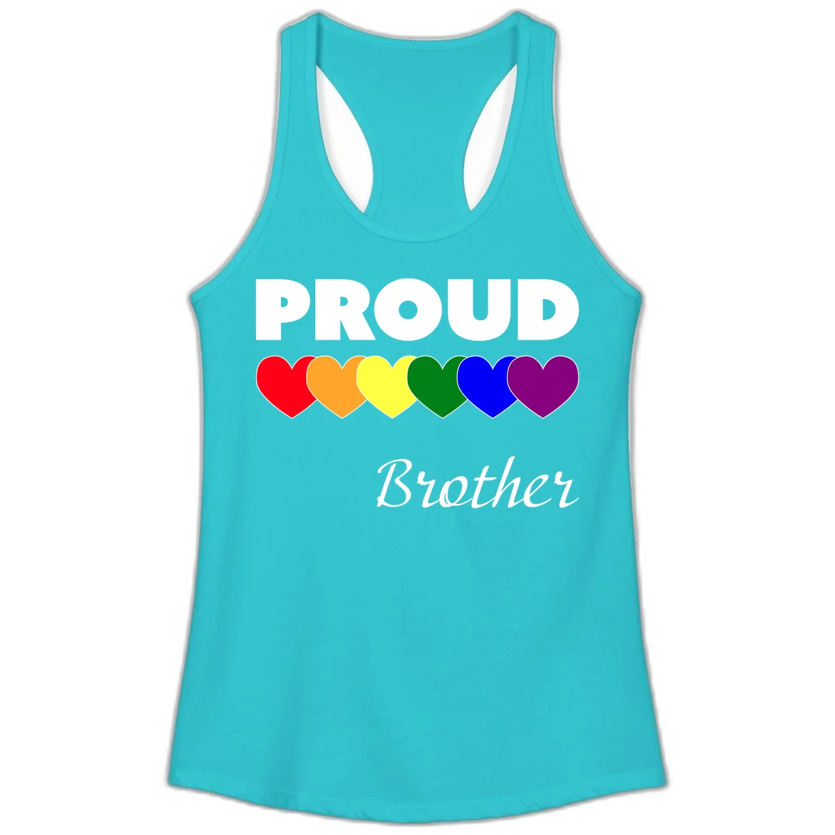Proud Brother Pride design featuring bold white text and six rainbow-colored hearts representing LGBTQ+ pride flag colors in Solid Tahiti Blue