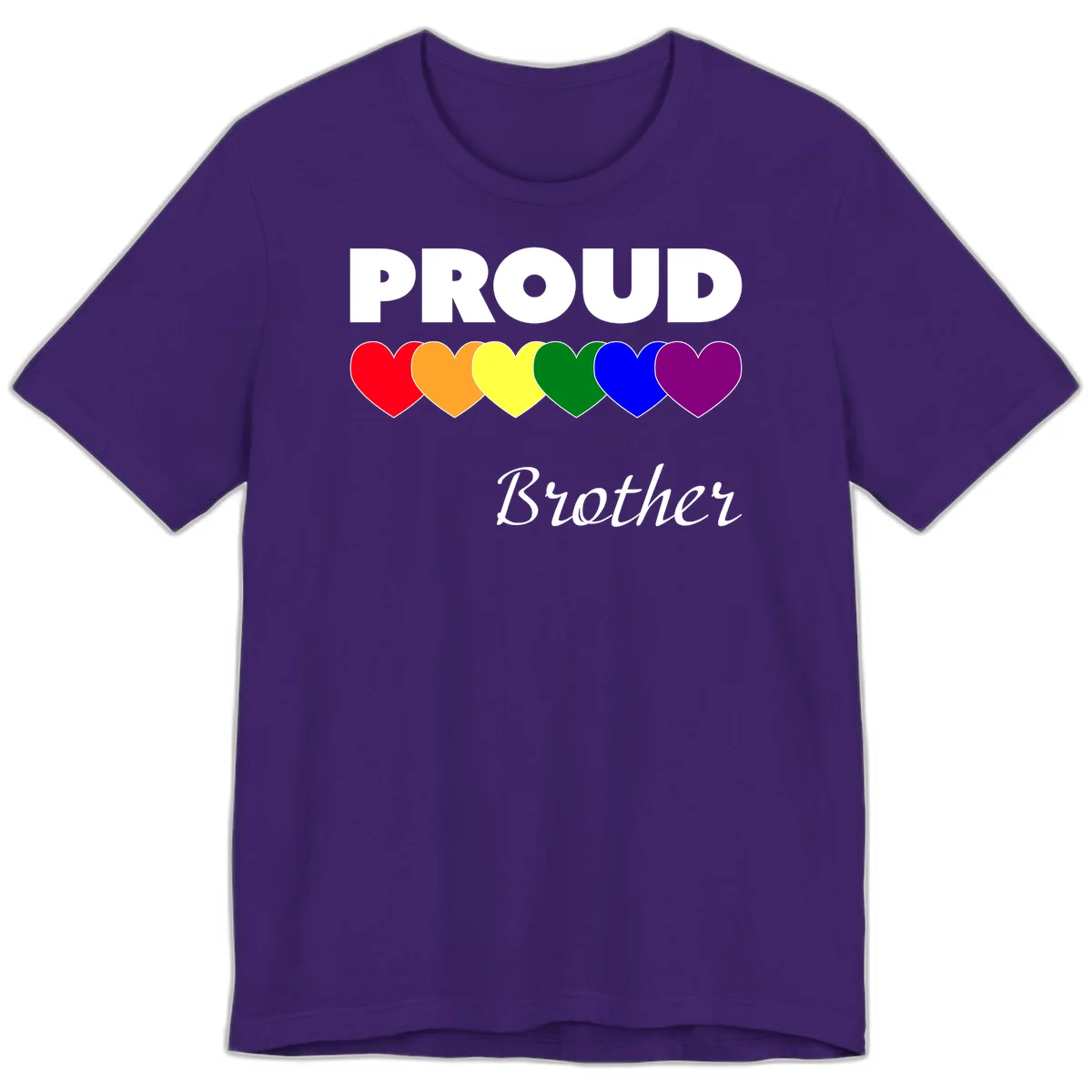 Proud Brother Pride design featuring bold white text and six rainbow-colored hearts representing LGBTQ+ pride flag colors in Team Purple
