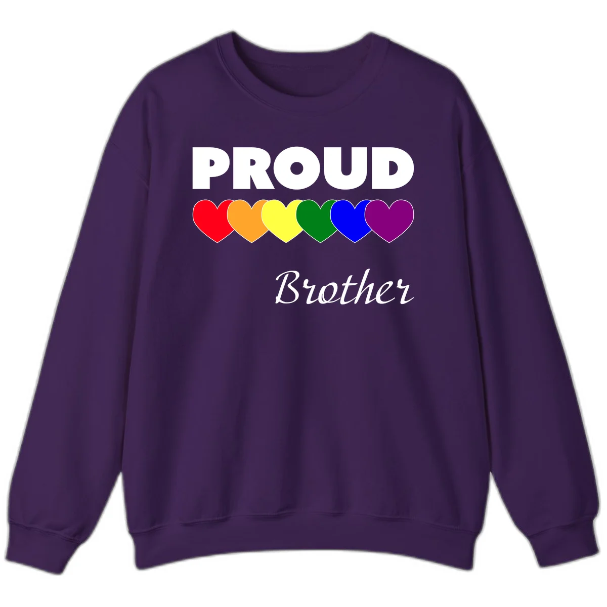 Proud Brother Pride design featuring bold white text and six rainbow-colored hearts representing LGBTQ+ pride flag colors in Purple