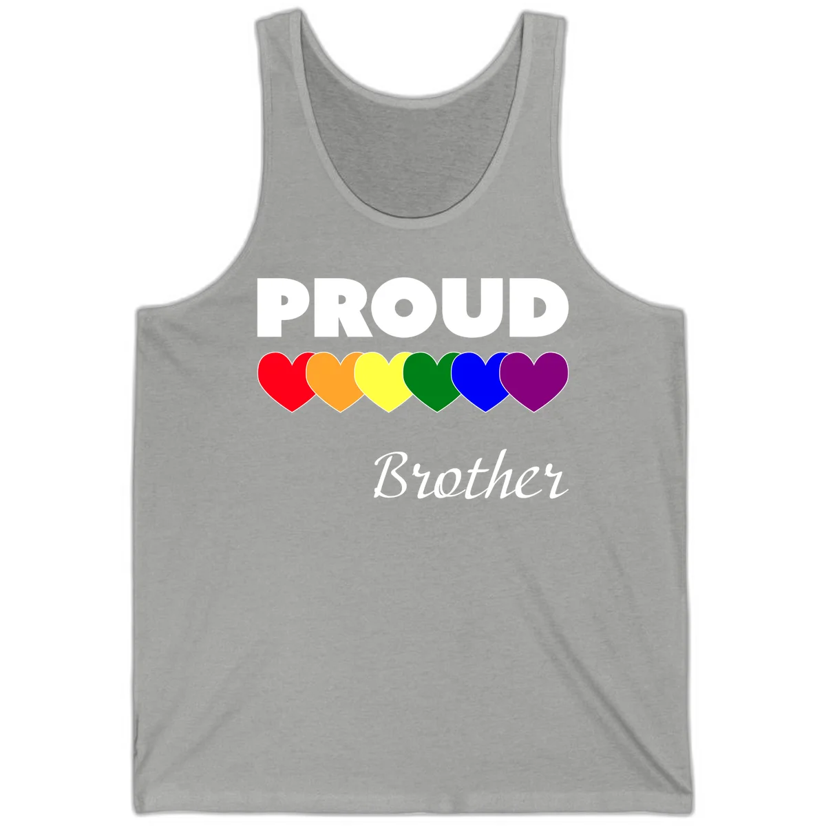 Proud Brother Pride design featuring bold white text and six rainbow-colored hearts representing LGBTQ+ pride flag colors in Athletic Heather