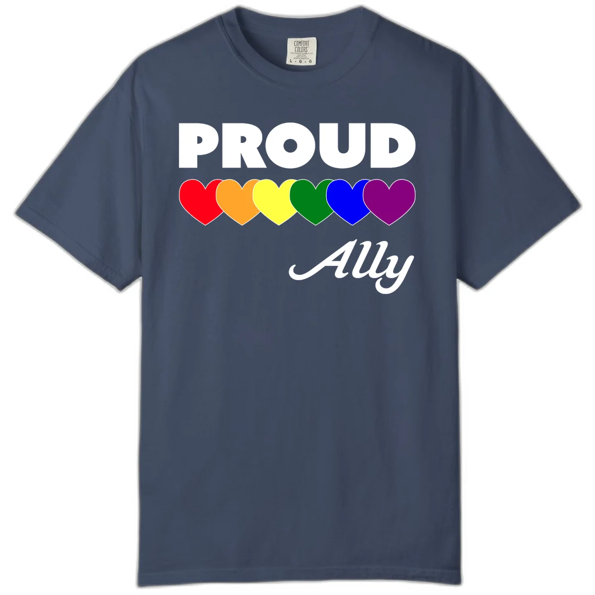 Proud Ally design with rainbow hearts in red, orange, yellow, green, blue, and purple on gray background in Midnight