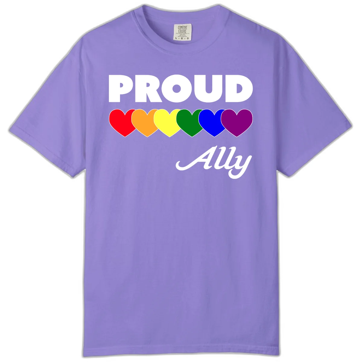 Proud Ally design with rainbow hearts in red, orange, yellow, green, blue, and purple on gray background in Violet