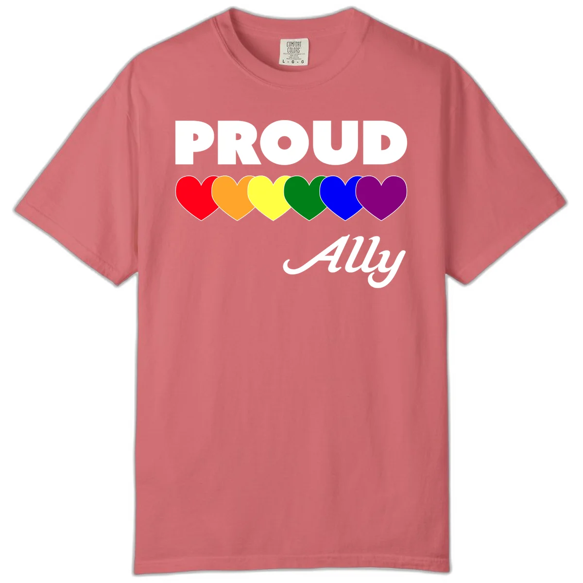 Proud Ally design with rainbow hearts in red, orange, yellow, green, blue, and purple on gray background in Watermelon