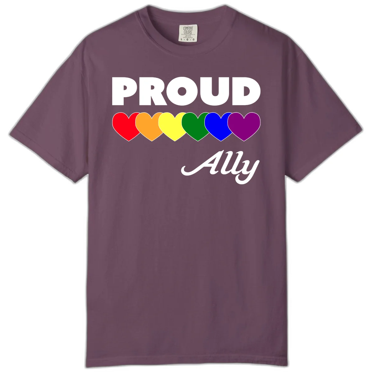 Proud Ally design with rainbow hearts in red, orange, yellow, green, blue, and purple on gray background in Berry