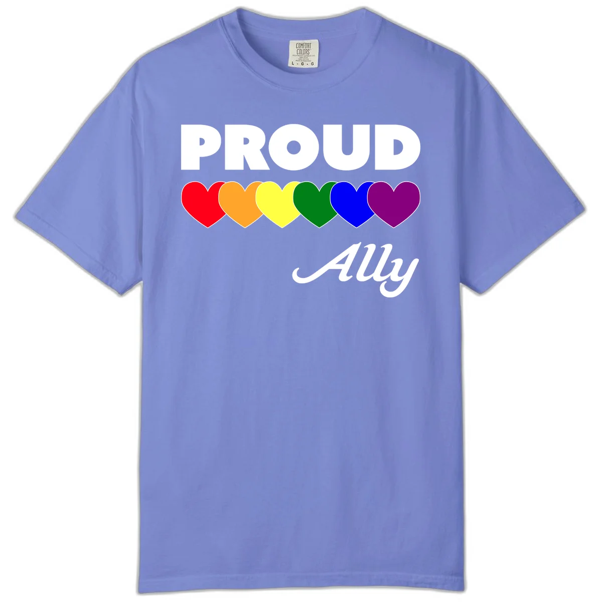 Proud Ally design with rainbow hearts in red, orange, yellow, green, blue, and purple on gray background in Flo Blue