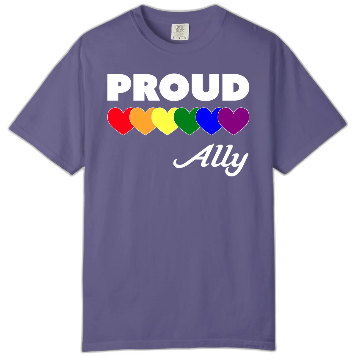 Proud Ally design with rainbow hearts in red, orange, yellow, green, blue, and purple on gray background in Grape