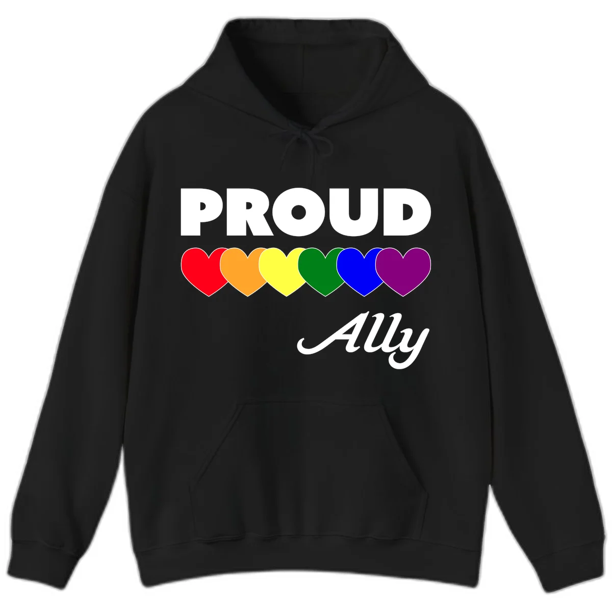 Proud Ally design with rainbow hearts in red, orange, yellow, green, blue, and purple on gray background in Black