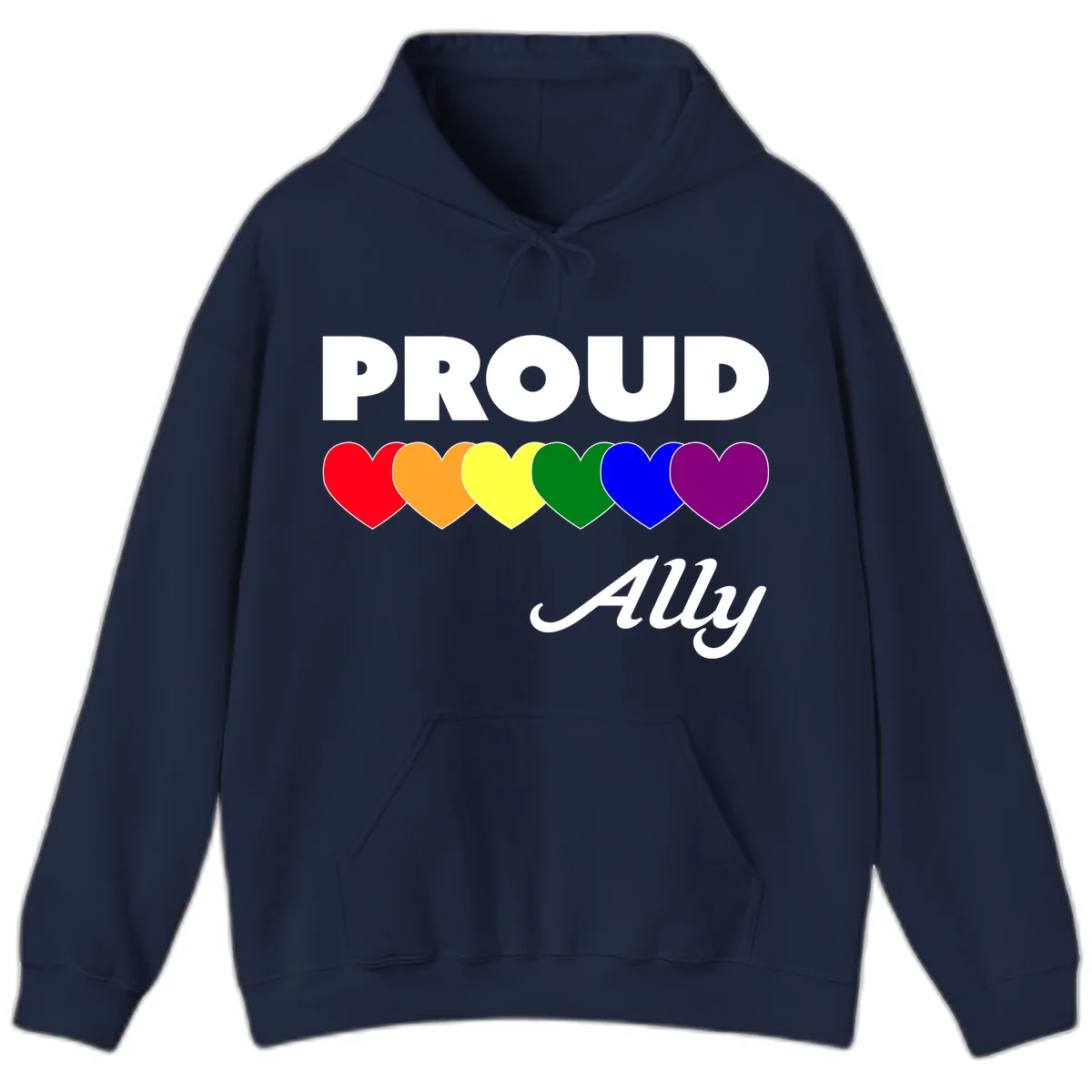 Proud Ally design with rainbow hearts in red, orange, yellow, green, blue, and purple on gray background in Navy