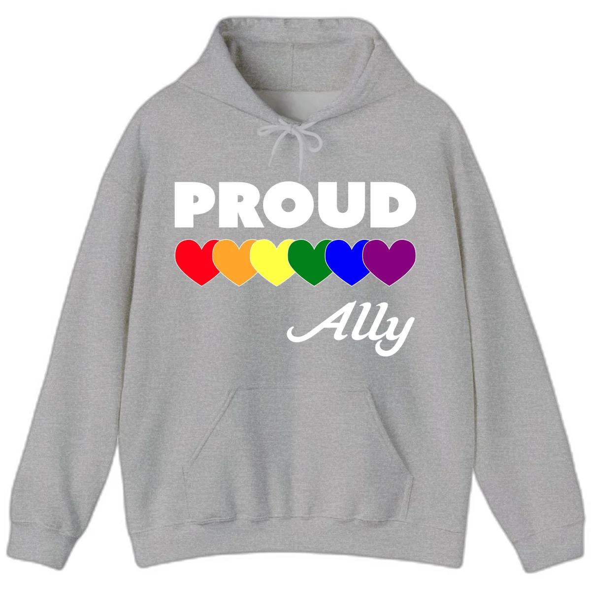 Proud Ally design with rainbow hearts in red, orange, yellow, green, blue, and purple on gray background in Sport Grey
