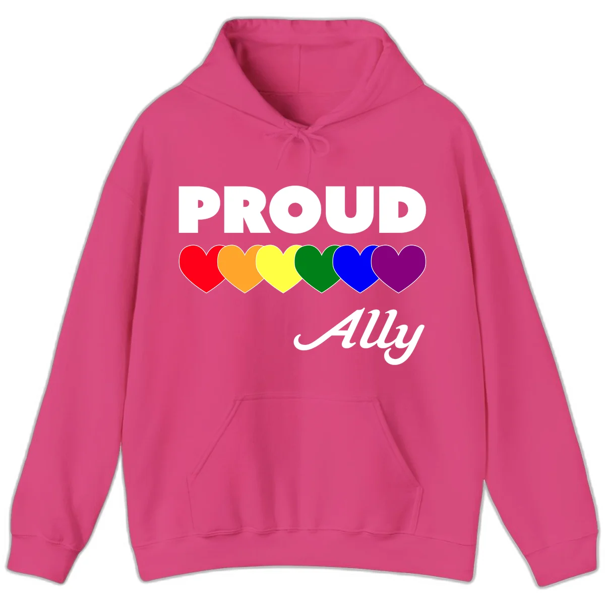 Proud Ally design with rainbow hearts in red, orange, yellow, green, blue, and purple on gray background in Heliconia