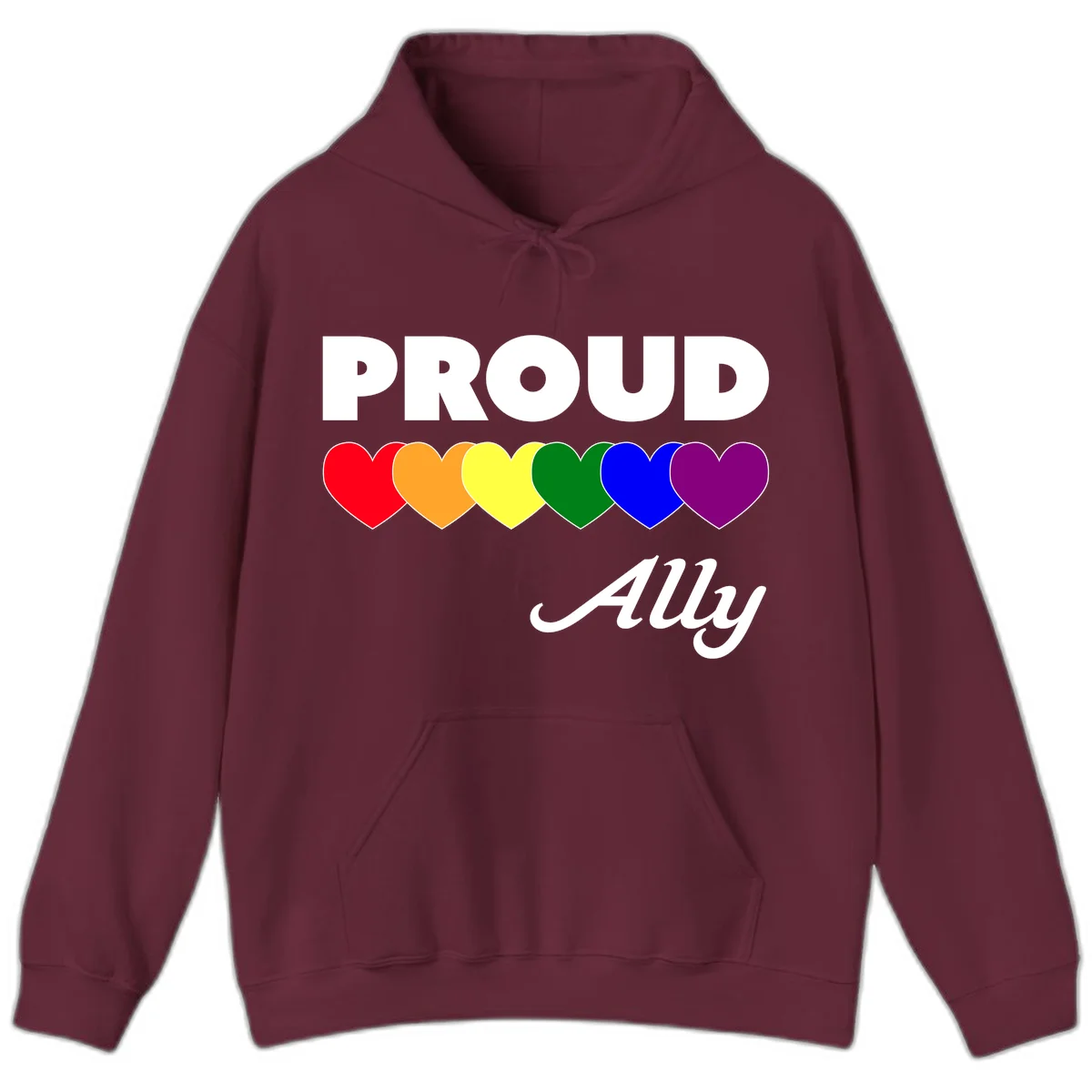 Proud Ally design with rainbow hearts in red, orange, yellow, green, blue, and purple on gray background in Maroon