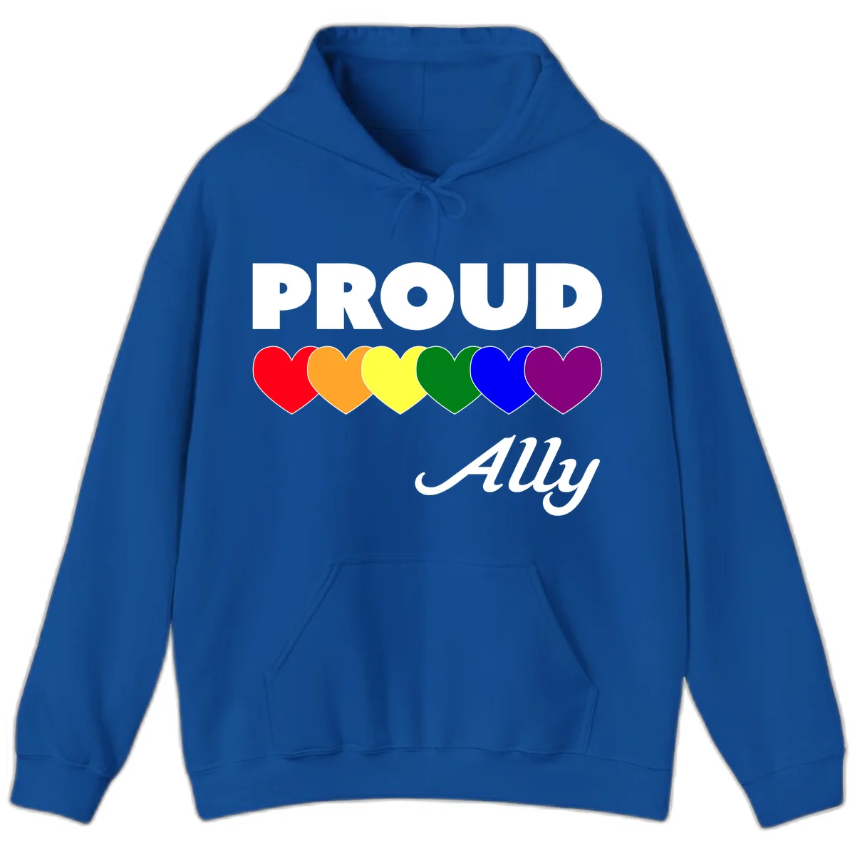 Proud Ally design with rainbow hearts in red, orange, yellow, green, blue, and purple on gray background in Royal
