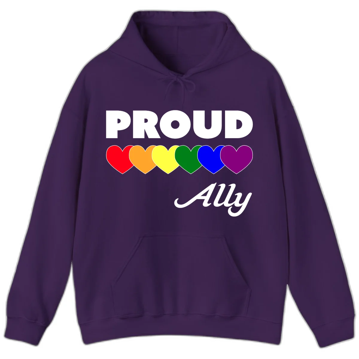 Proud Ally design with rainbow hearts in red, orange, yellow, green, blue, and purple on gray background in Purple