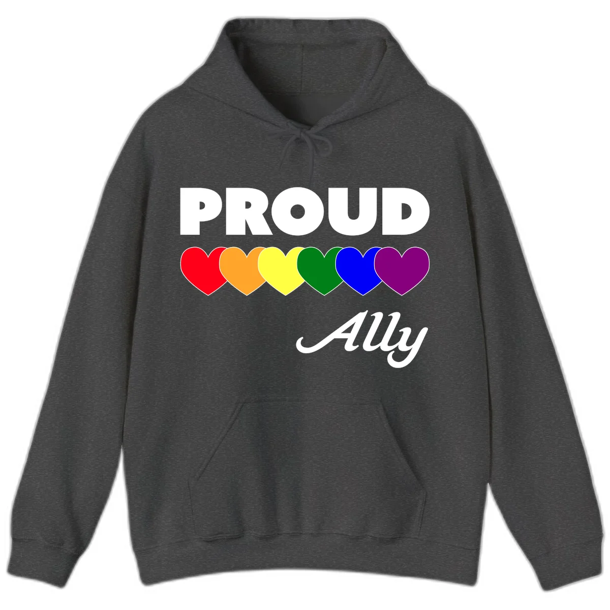 Proud Ally design with rainbow hearts in red, orange, yellow, green, blue, and purple on gray background in Dark Heather