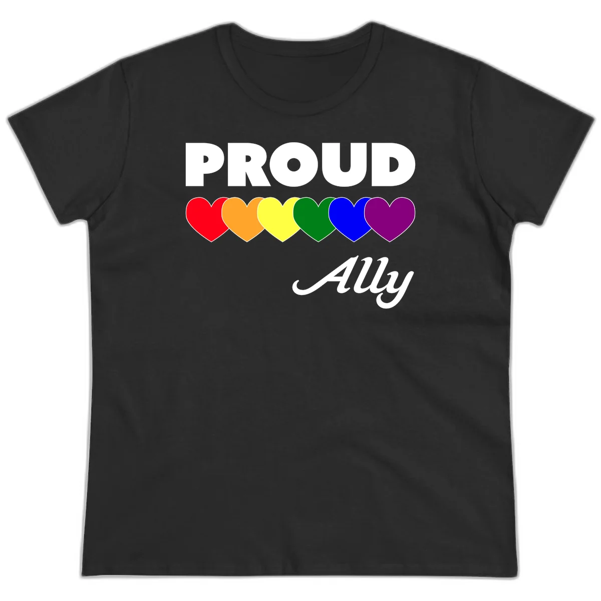 Proud Ally design with rainbow hearts in red, orange, yellow, green, blue, and purple on gray background in Black