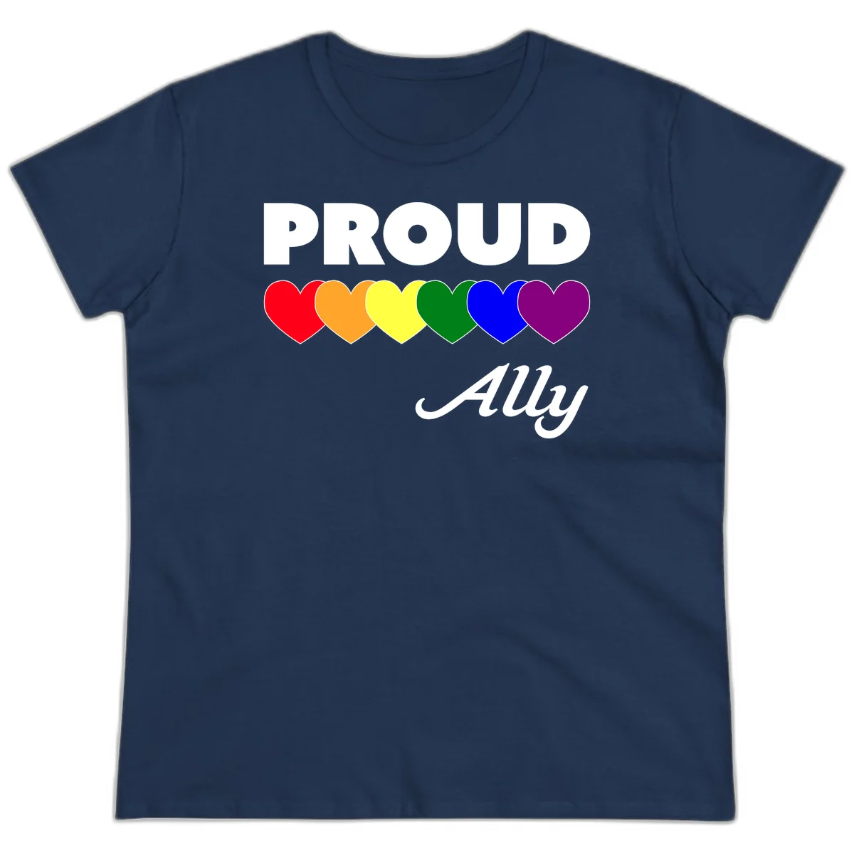 Proud Ally design with rainbow hearts in red, orange, yellow, green, blue, and purple on gray background in Navy