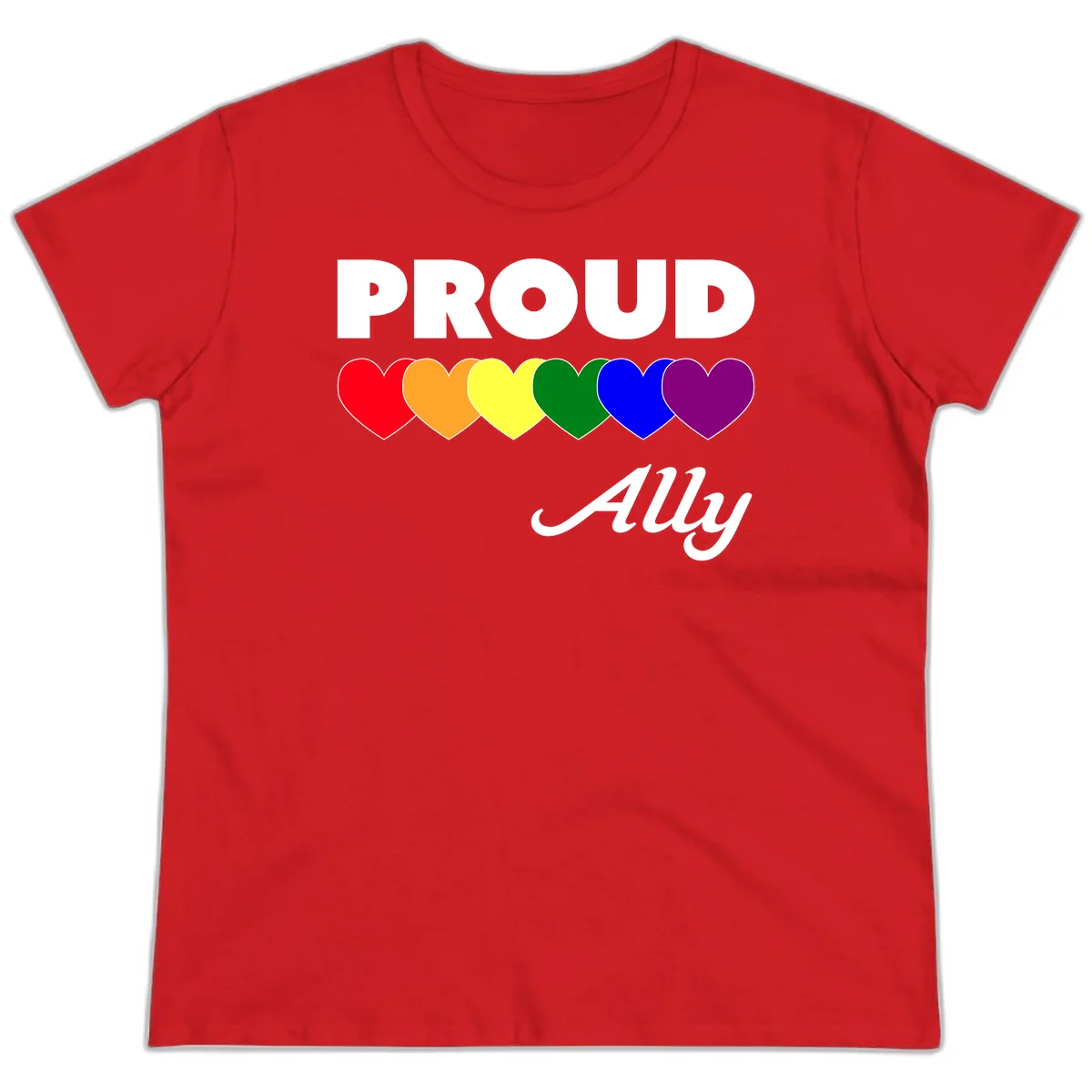 Proud Ally design with rainbow hearts in red, orange, yellow, green, blue, and purple on gray background in Red