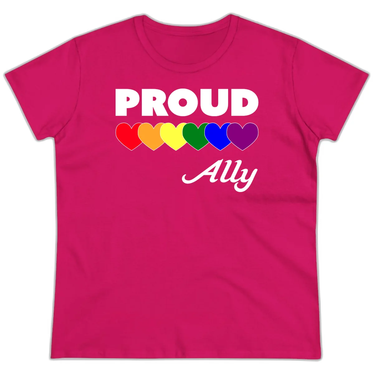 Proud Ally design with rainbow hearts in red, orange, yellow, green, blue, and purple on gray background in Heliconia