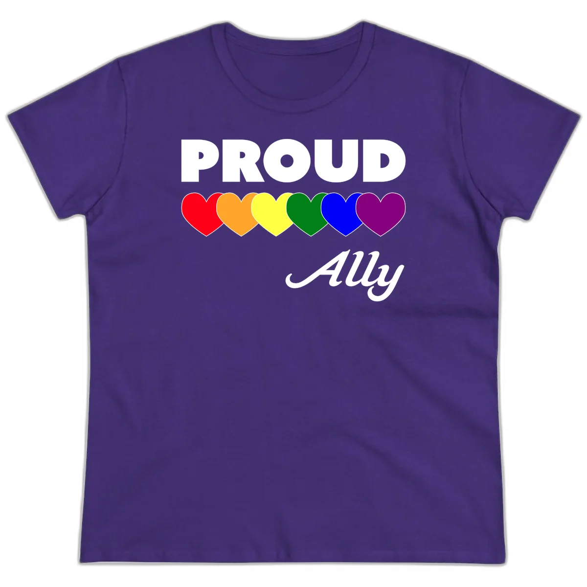 Proud Ally design with rainbow hearts in red, orange, yellow, green, blue, and purple on gray background in Purple