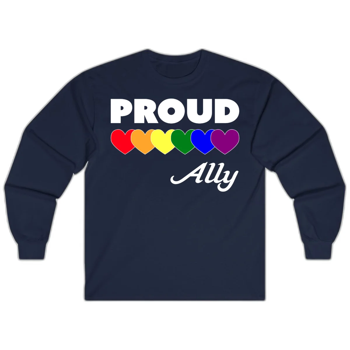 Proud Ally design with rainbow hearts in red, orange, yellow, green, blue, and purple on gray background in Navy