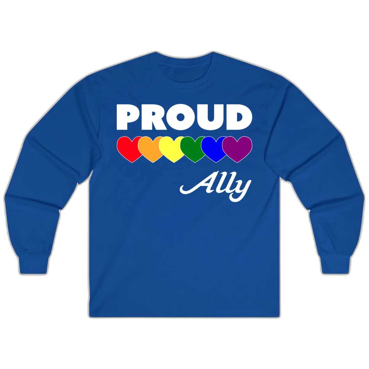 Proud Ally design with rainbow hearts in red, orange, yellow, green, blue, and purple on gray background in Royal