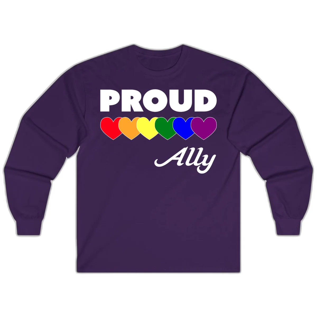 Proud Ally design with rainbow hearts in red, orange, yellow, green, blue, and purple on gray background in Purple