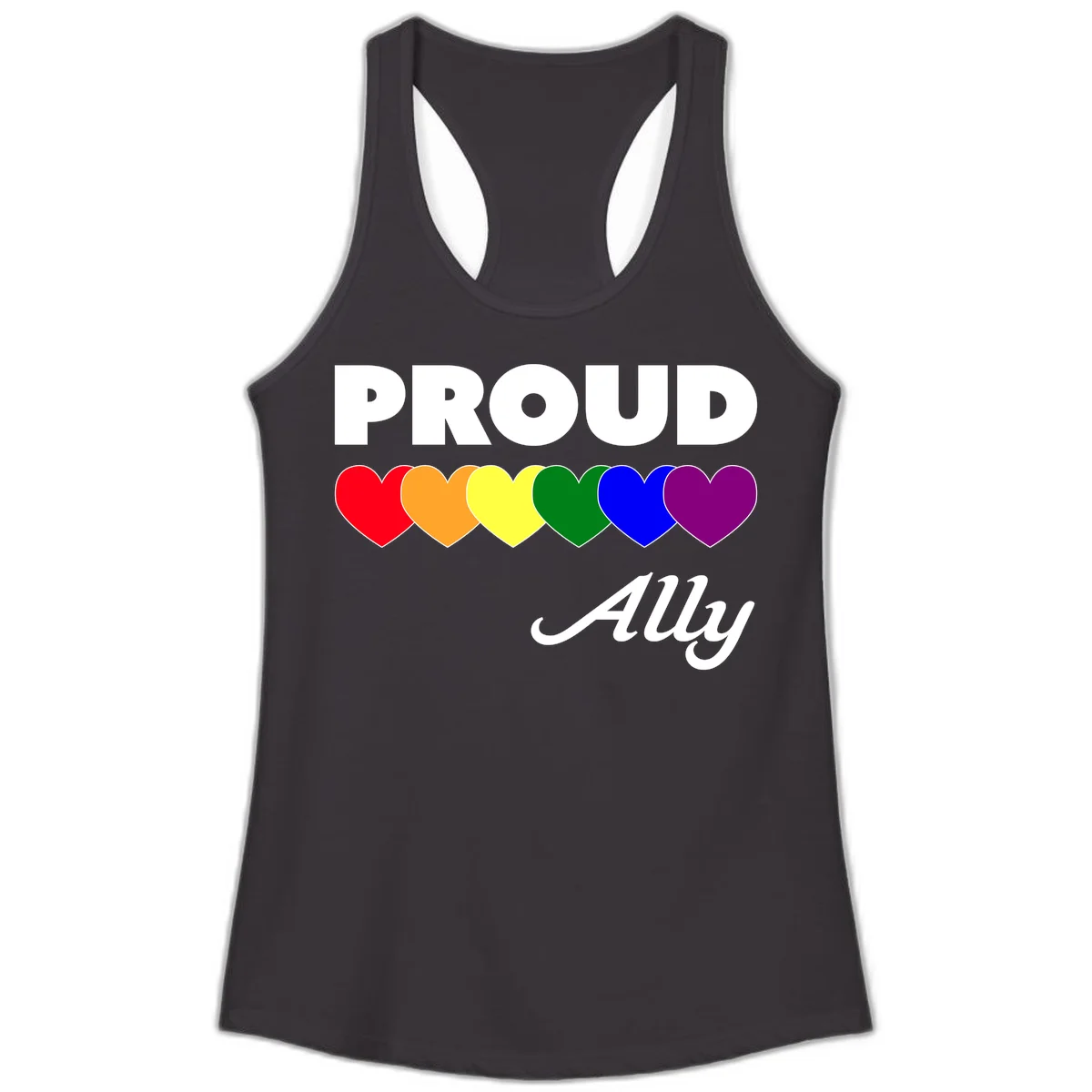 Proud Ally design with rainbow hearts in red, orange, yellow, green, blue, and purple on gray background in Black