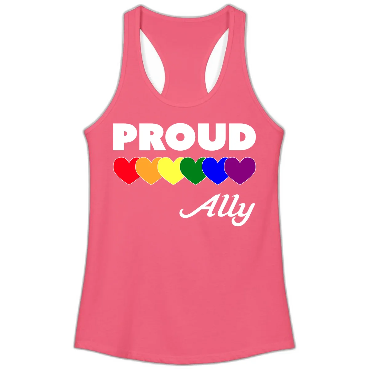 Proud Ally design with rainbow hearts in red, orange, yellow, green, blue, and purple on gray background in Hot Pink