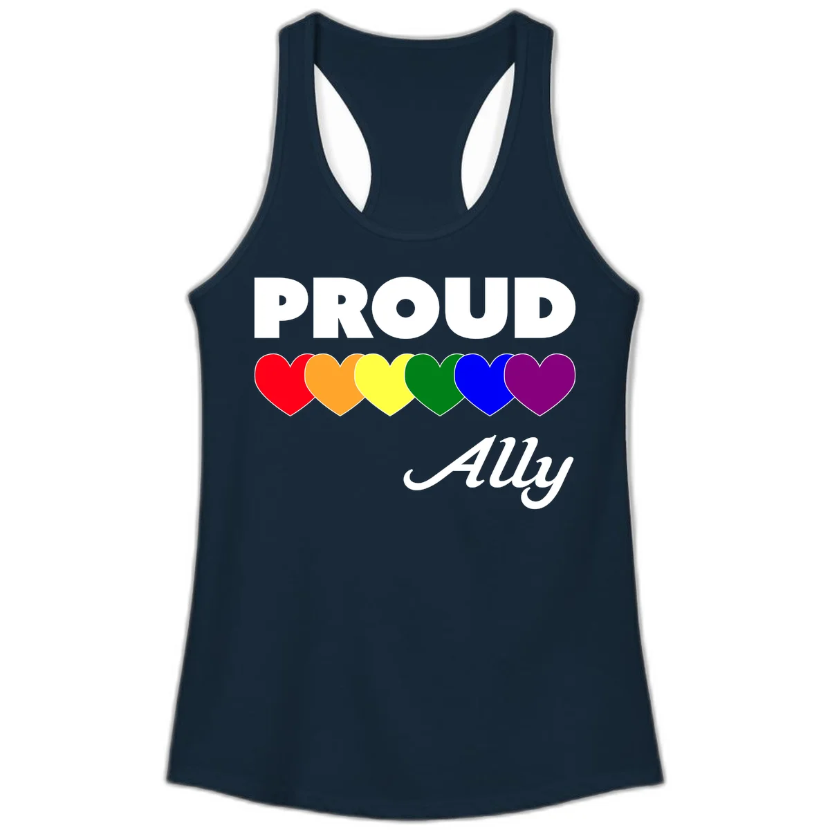 Proud Ally design with rainbow hearts in red, orange, yellow, green, blue, and purple on gray background in Solid Midnight Navy