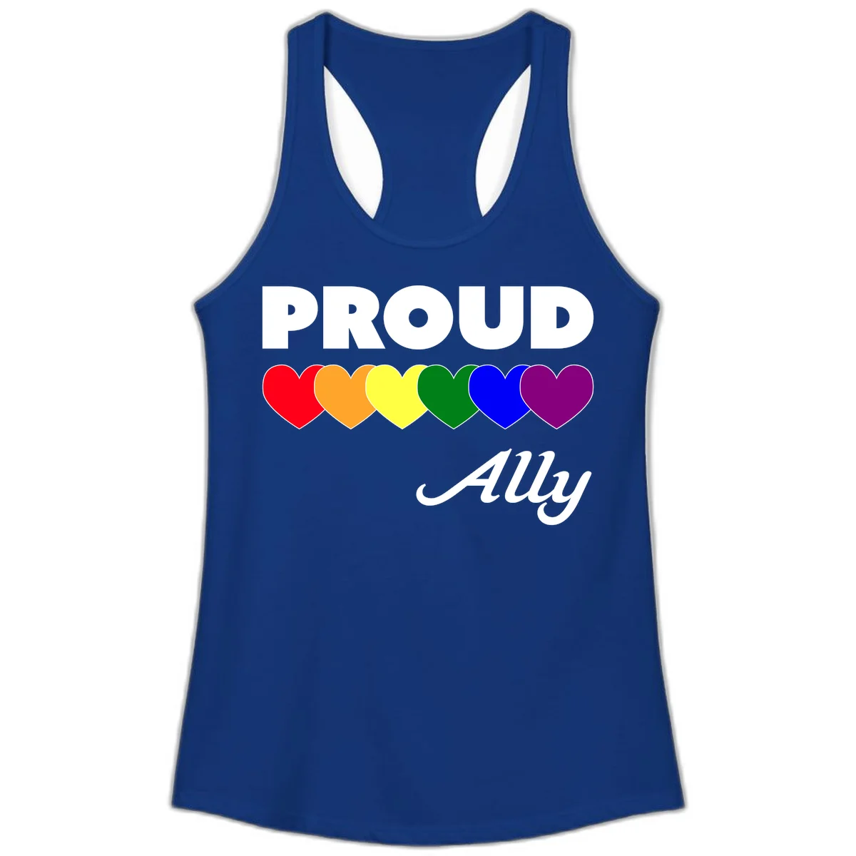 Proud Ally design with rainbow hearts in red, orange, yellow, green, blue, and purple on gray background in Solid Royal