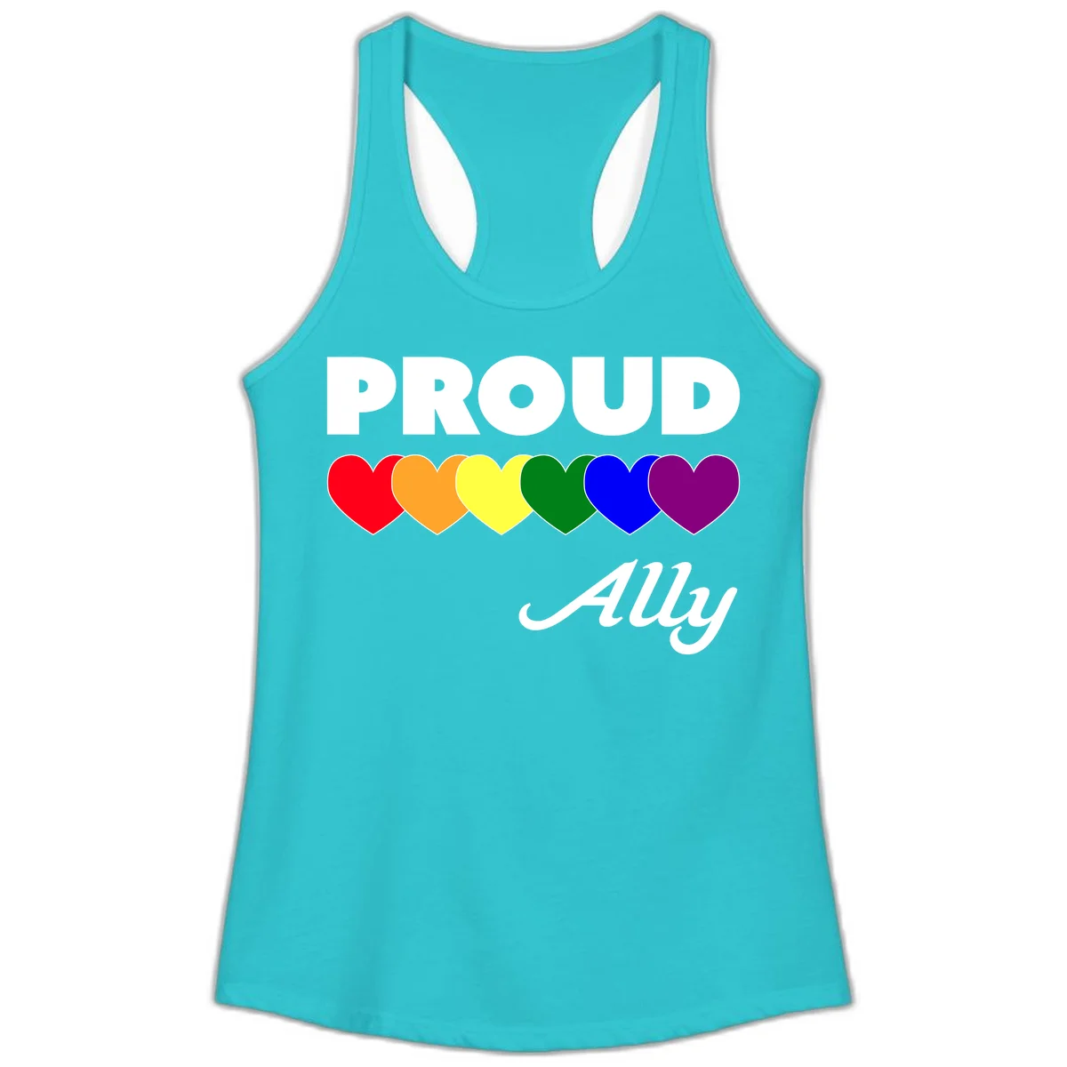 Proud Ally design with rainbow hearts in red, orange, yellow, green, blue, and purple on gray background in Solid Tahiti Blue