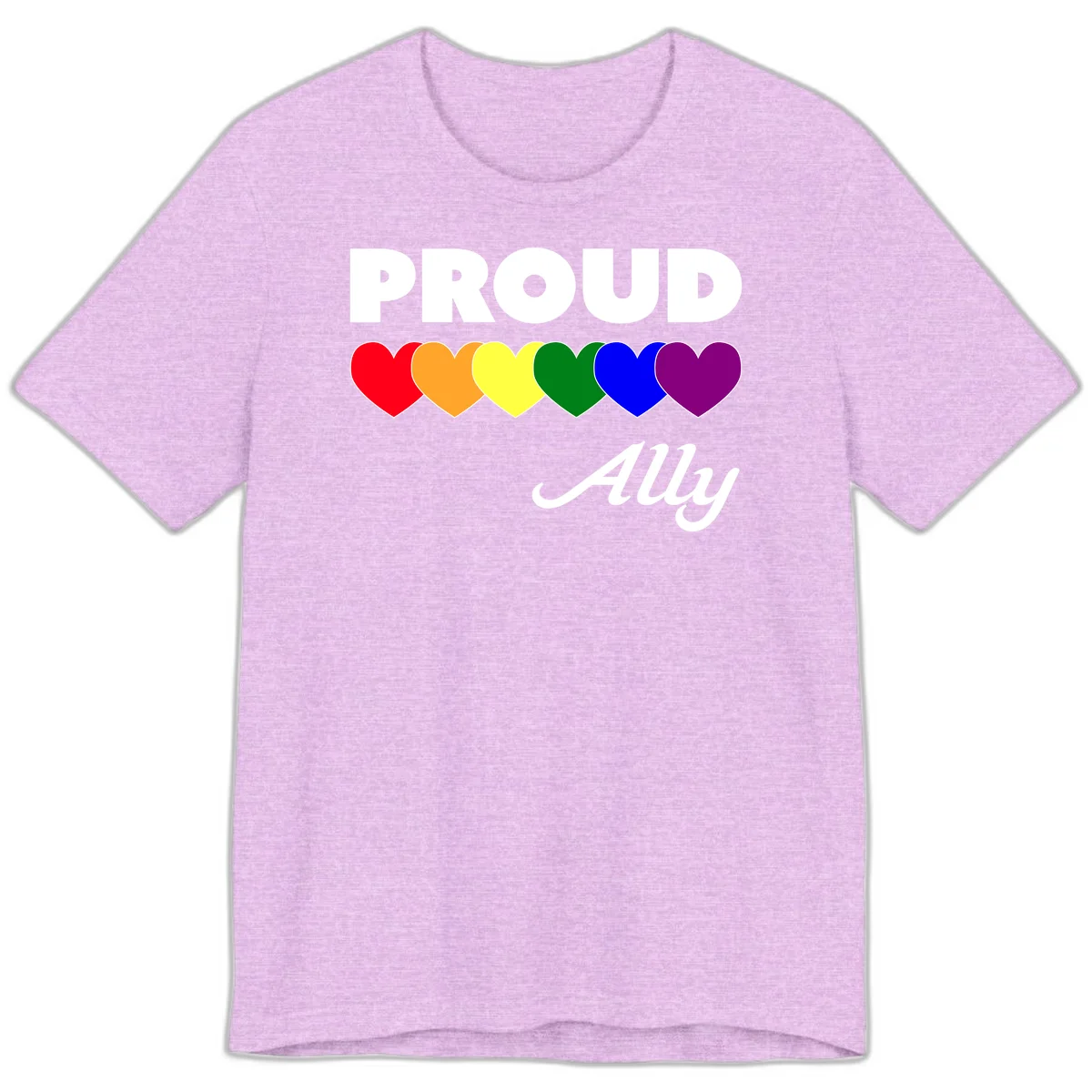 Proud Ally design with rainbow hearts in red, orange, yellow, green, blue, and purple on gray background in Heather Prism Lilac
