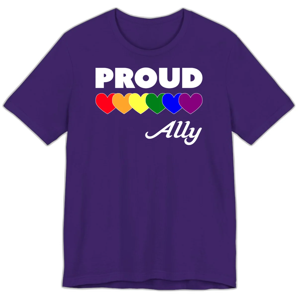 Proud Ally design with rainbow hearts in red, orange, yellow, green, blue, and purple on gray background in Team Purple