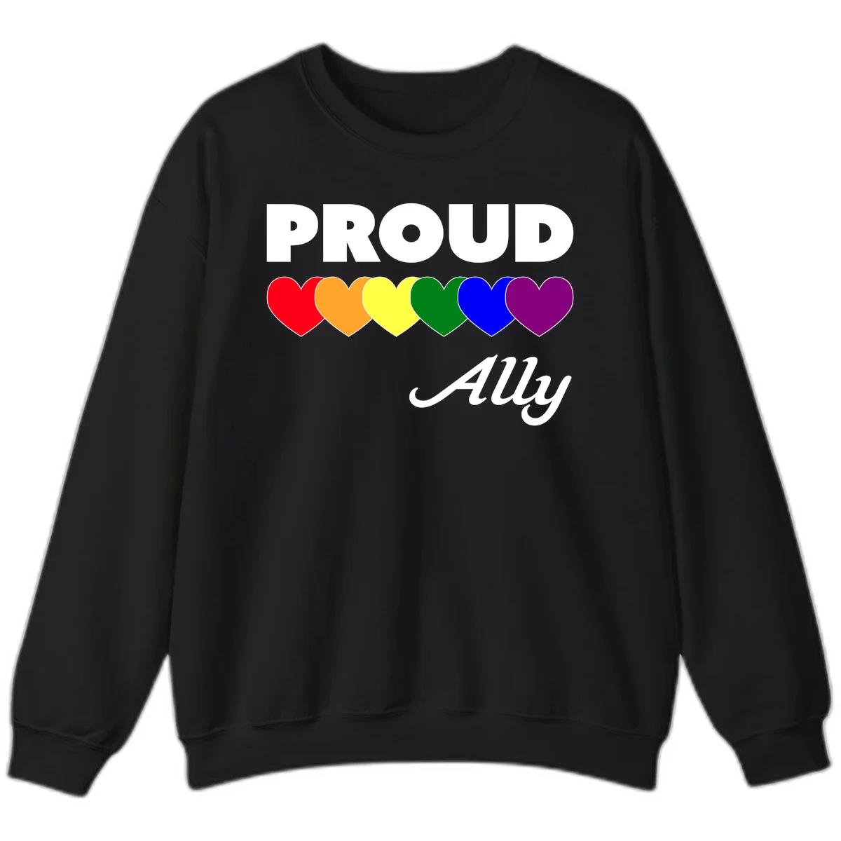 Proud Ally design with rainbow hearts in red, orange, yellow, green, blue, and purple on gray background in Black