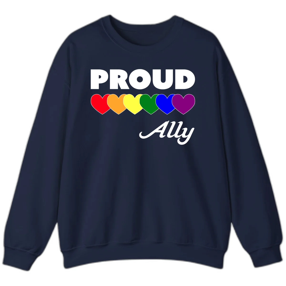 Proud Ally design with rainbow hearts in red, orange, yellow, green, blue, and purple on gray background in Navy
