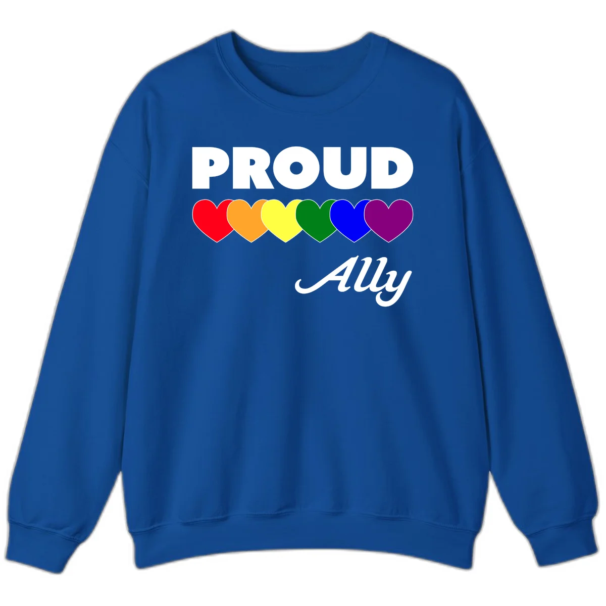 Proud Ally design with rainbow hearts in red, orange, yellow, green, blue, and purple on gray background in Royal