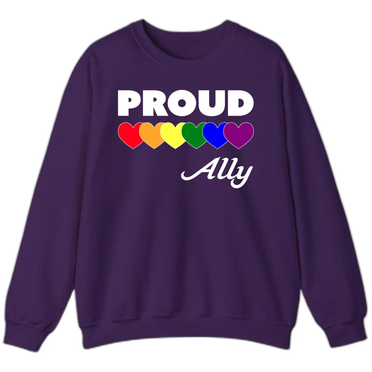 Proud Ally design with rainbow hearts in red, orange, yellow, green, blue, and purple on gray background in Purple
