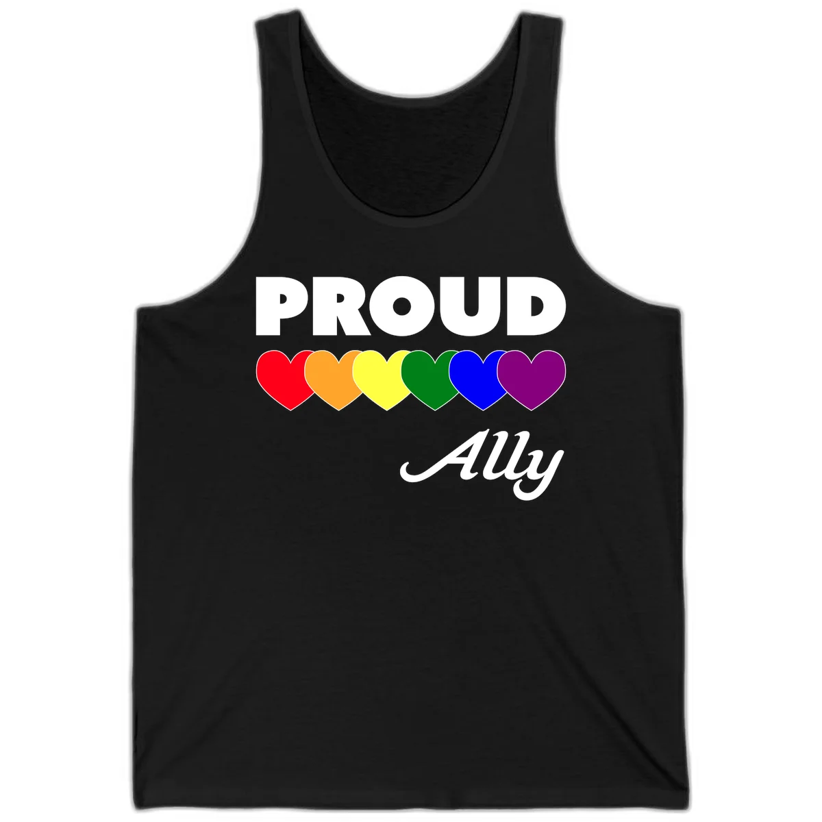 Proud Ally design with rainbow hearts in red, orange, yellow, green, blue, and purple on gray background in Black
