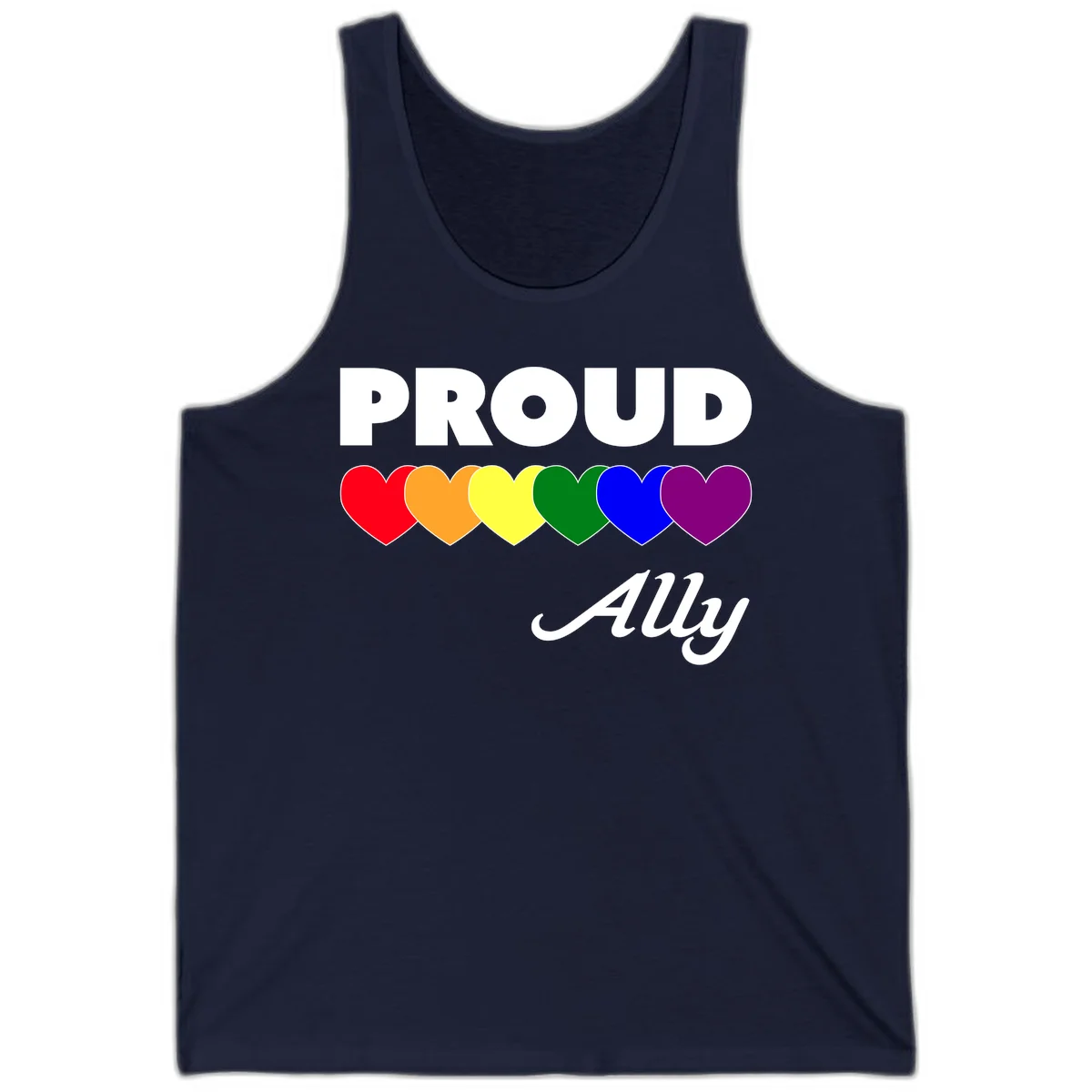 Proud Ally design with rainbow hearts in red, orange, yellow, green, blue, and purple on gray background in Navy