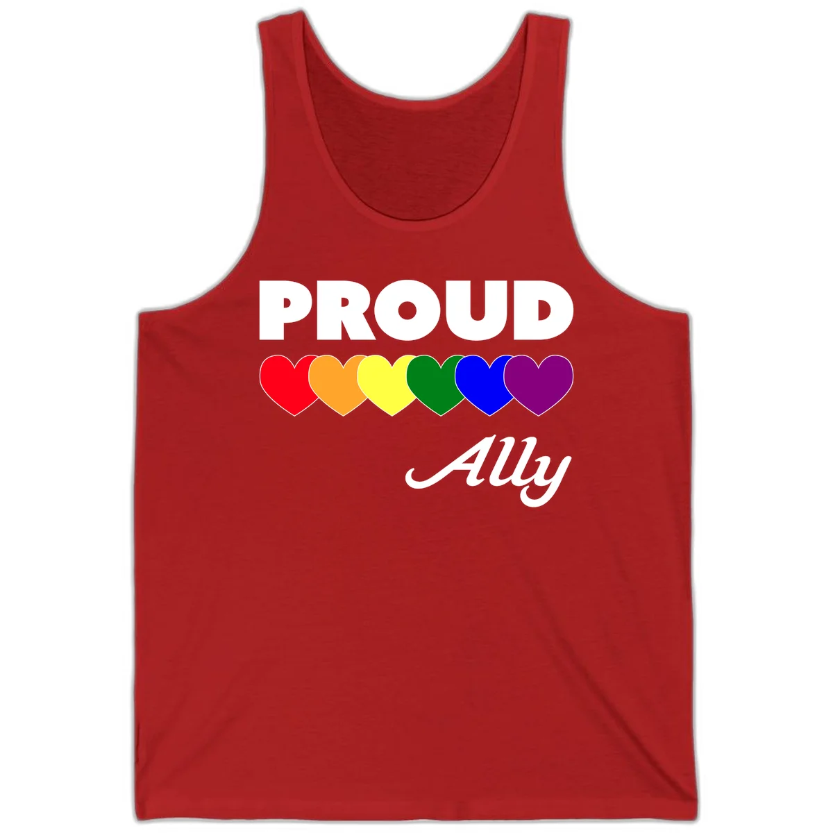 Proud Ally design with rainbow hearts in red, orange, yellow, green, blue, and purple on gray background in Red