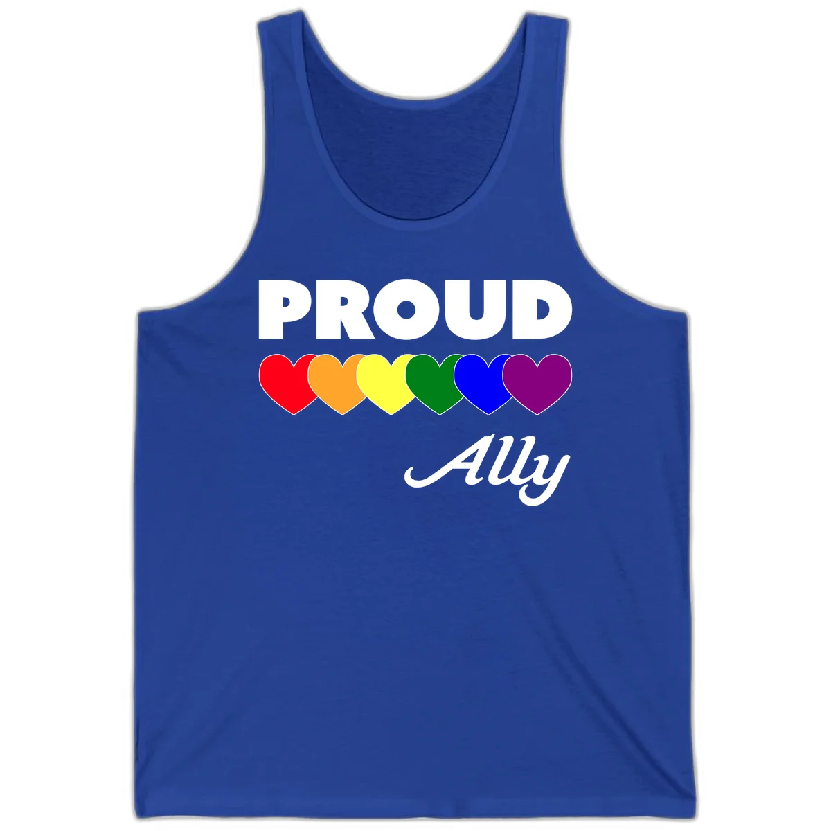 Proud Ally design with rainbow hearts in red, orange, yellow, green, blue, and purple on gray background in True Royal
