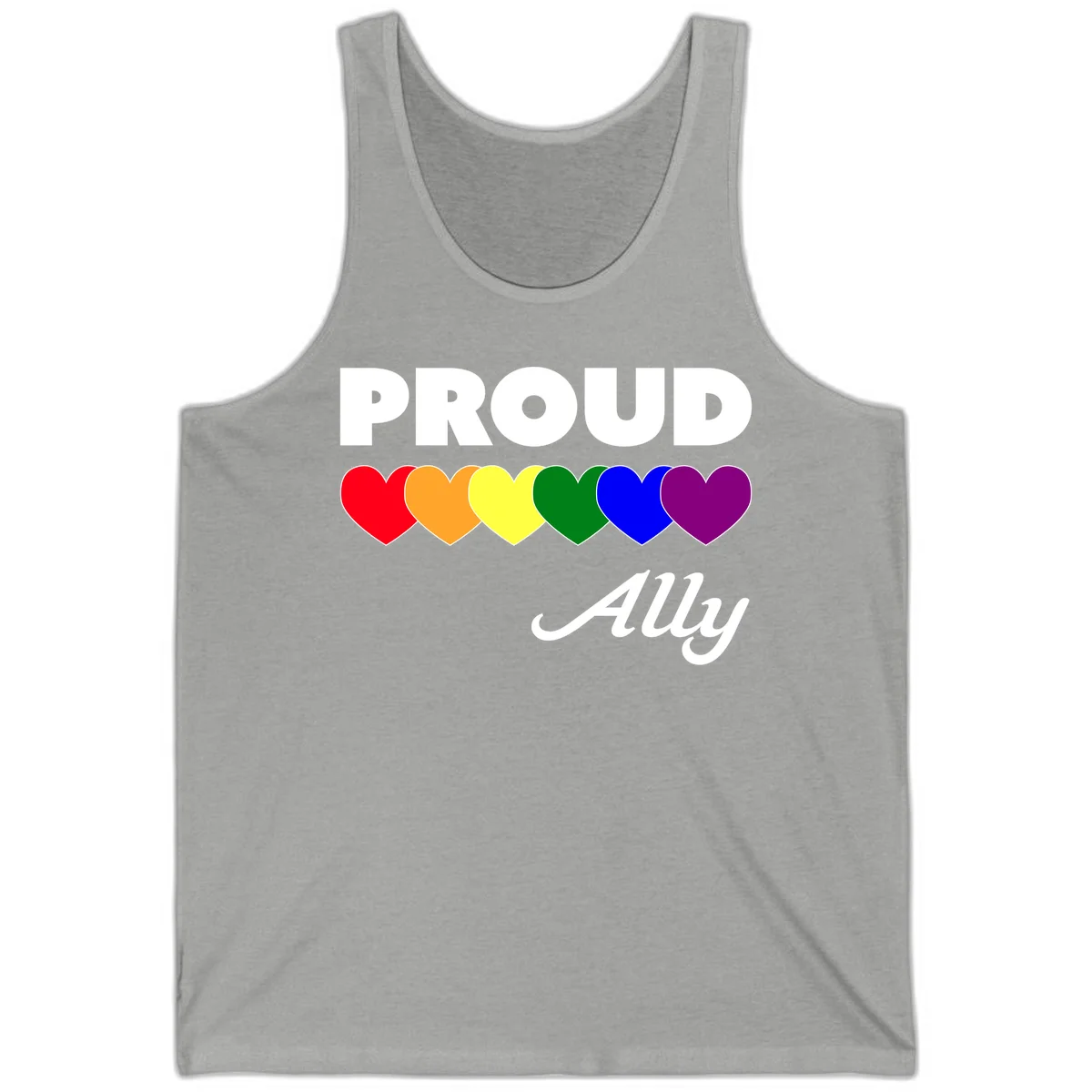 Proud Ally design with rainbow hearts in red, orange, yellow, green, blue, and purple on gray background in Athletic Heather