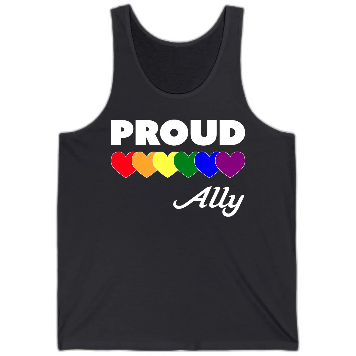 Proud Ally design with rainbow hearts in red, orange, yellow, green, blue, and purple on gray background in Dark Grey