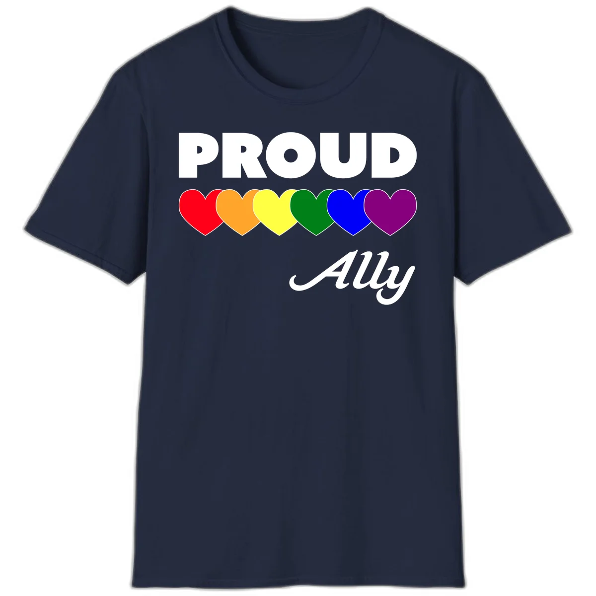 Proud Ally design with rainbow hearts in red, orange, yellow, green, blue, and purple on gray background in Navy