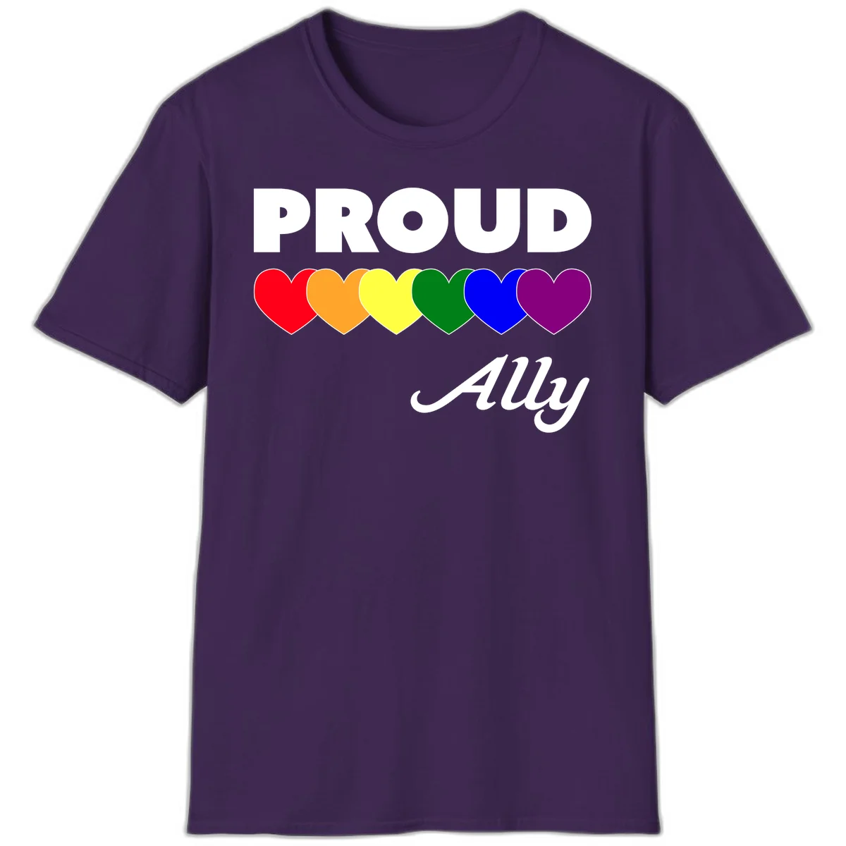 Proud Ally design with rainbow hearts in red, orange, yellow, green, blue, and purple on gray background in Purple